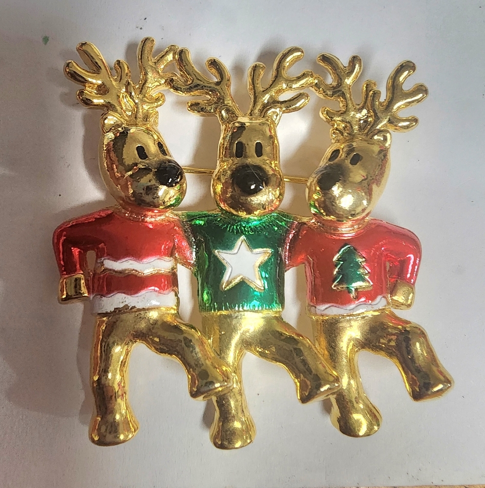 Vintage AJC Gold Dancing Reindeer Brooch